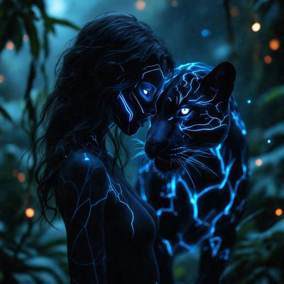 The primary subject of the image is a woman with blue and green paint on her face, standing next to a black and blue painted cat. The setting appears to be a forest, with trees and plants surrounding the woman and the cat. The visual style of the image is a combination of photo and digital art, creating a unique and artistic representation of the scene. The colors and mood of the image are vibrant and lively, with the blue and green hues of the woman's paint and the black and blue hues of